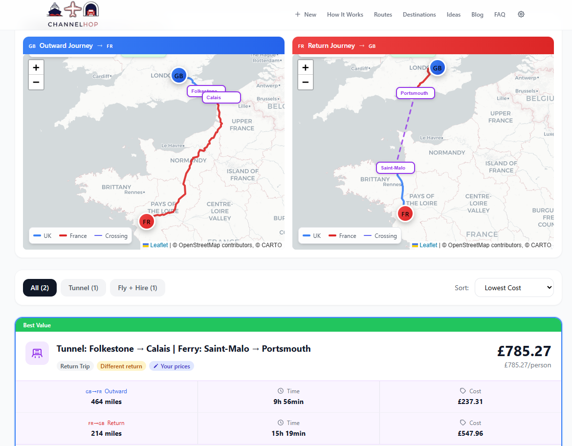 Side-by-side outward and return route maps with result card breakdown in Trip Builder
